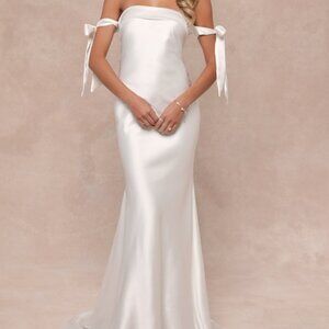 Lulus Eternally Loved White Cutout Satin Off-the-shoulder Maxi Dress - Size XXS